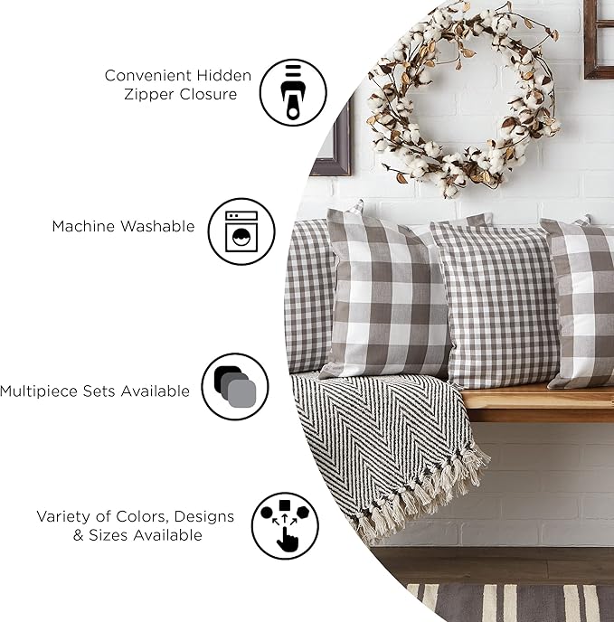 DII Decorative Square Throw Pillow Cover Collection Cotton, Machine Washable, Hidden Zipper, 18x18, Gray Gingham, 4 Piece