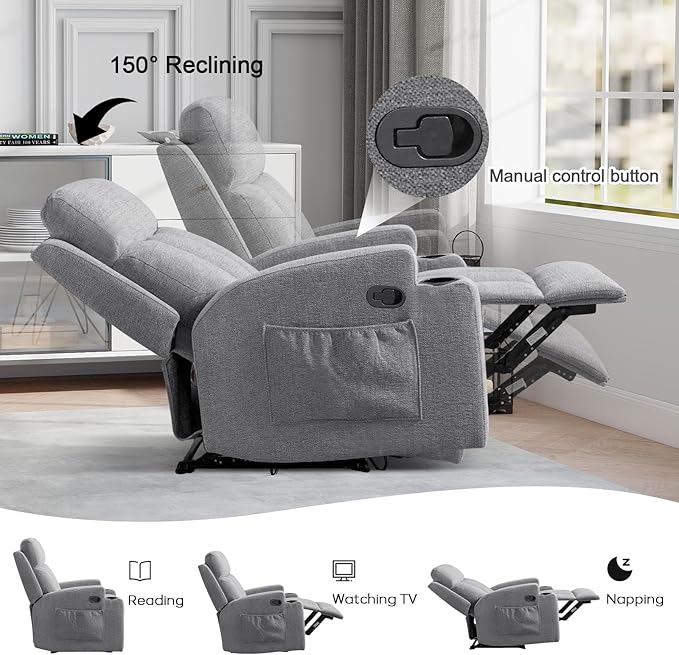 CANMOV Manual Massage Heat Recliner Chair Set of 3,Soft Fabric Recliner Chair with Overstuffed Arm and Back, Manual Reclining Single Sofa with 2 Cup Holders, Side Pocket for Living Room,Light Grey