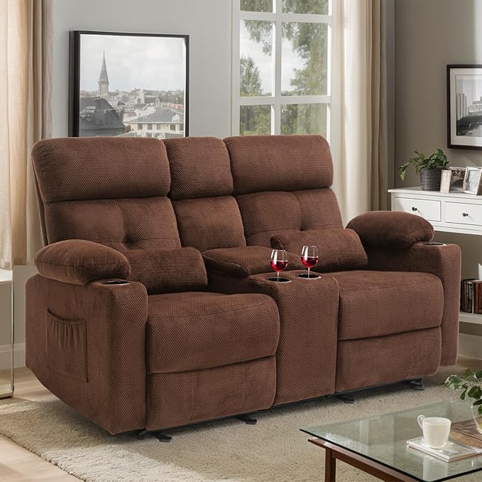 Power Reclining Loveseat with Console, Power Loveseat Recliner Sofa with Heat and Massage, Extended Footrest, Wall Hugger Recliner Loveseat with Lumbar Supports, Side Pockets for Living Room