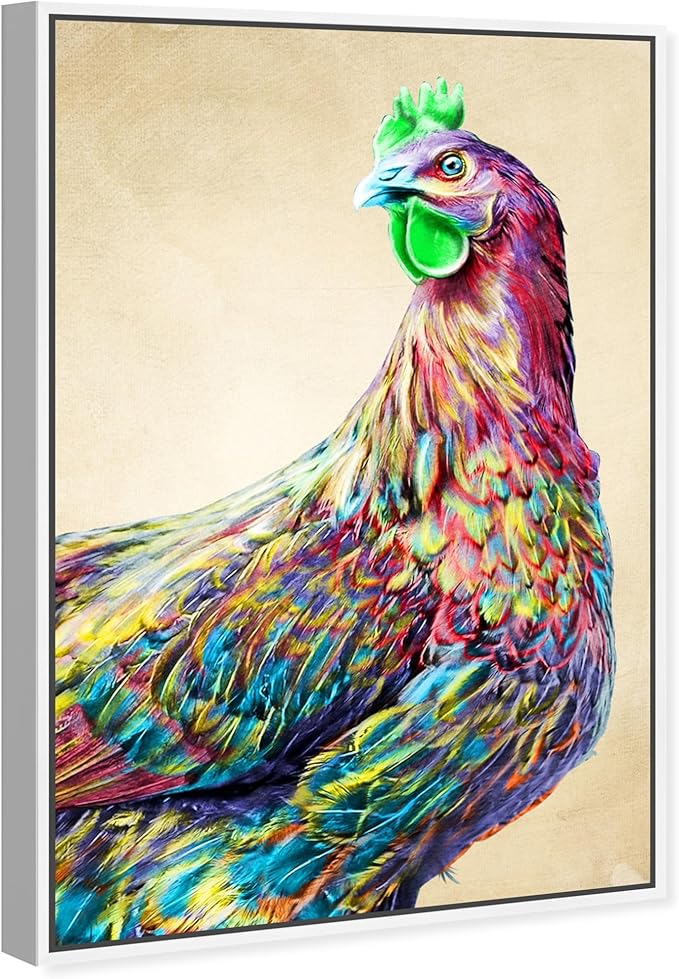 Country Farmhouse Canvas Print Painting Animal Wall Art 'Fun Colorful Glam Rooster' White Framed Canvas Rustic Home Décor 20x30 in Pink, Green by Oliver Gal