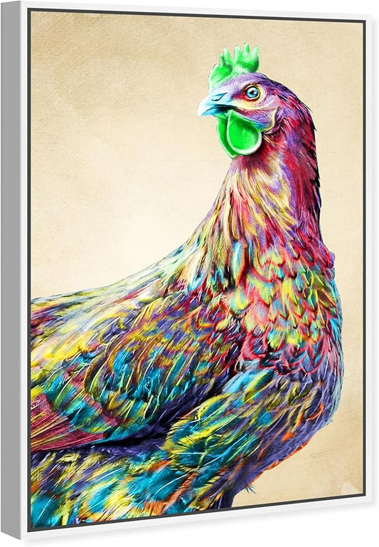 Country Farmhouse Canvas Print Painting Animal Wall Art 'Fun Colorful Glam Rooster' White Framed Canvas Rustic Home Décor 24x36 in Pink, Green by Oliver Gal