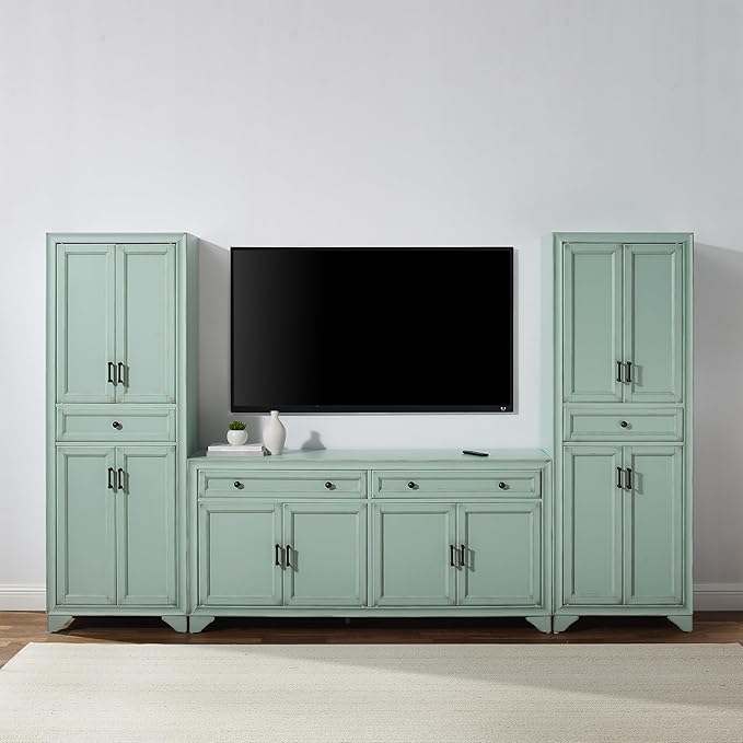Crosley Furniture Tara 3-Piece Modern Farmhouse Sideboard Buffet Cabinet and Kitchen Storage Pantry Set, Distressed Seafoam Blue