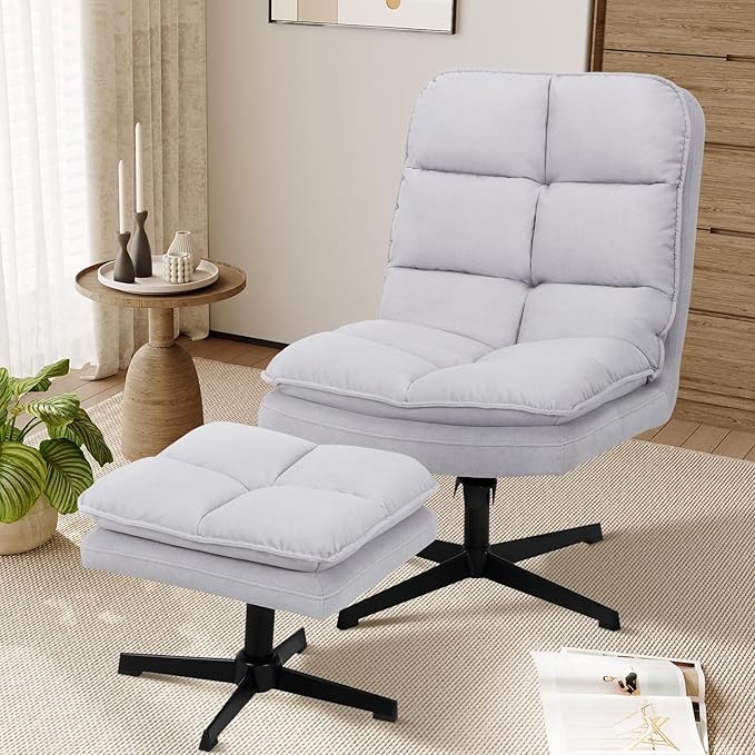 Swivel Accent Reading Chair with Ottoman, Modern Velvet Upholstered Lounge Chair with 360° Swivel and Criss-Cross Legs, Comfy Reading Chair for Bedroom, Living Room,Supports 300 lbs,LightGray 2pc