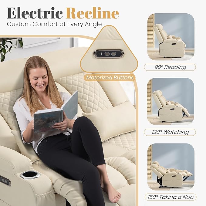 2-Piece Power Reclining Sofa Set, 3-Seater Sofa with Drop-Down Console & 2-Seater Loveseat, Zero Wall Hugger Electric Recliner Couch with Adjustable Headrest, AC Outlets (Beige, Loveseat)