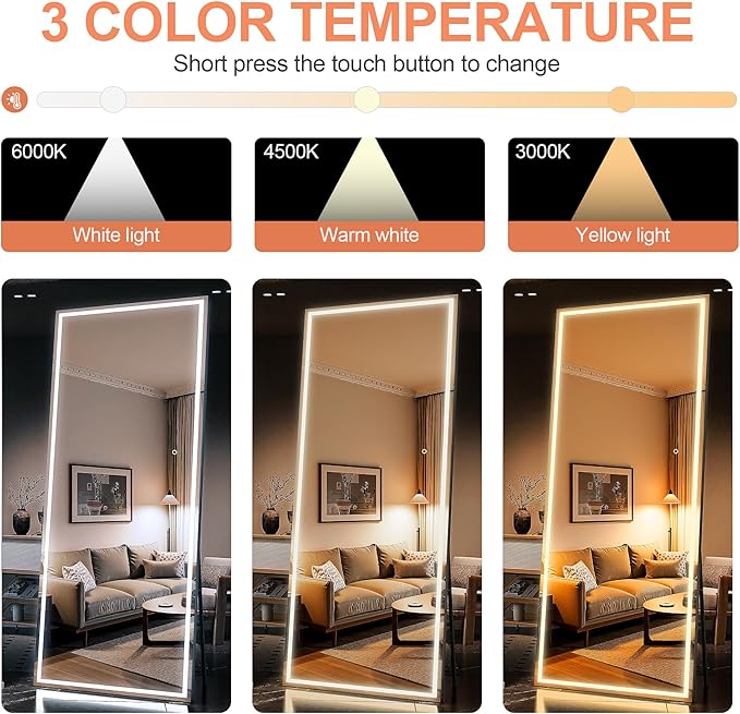71" x 24" Full Length Mirror with Lights, LED Lighted Floor Standing Body Mirror, Dimmable & 3 Color Lighting for Bedroom, Cloakroom, Dressing Room, Tempered Glass, Black Frame