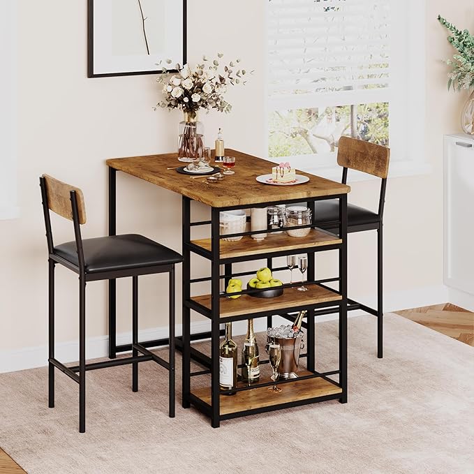Amyove Dining Table Set for 2, Bar Table and Chairs for 2, Kitchen Table Set with 2 Upholstered Chairs, 3 Large Storage Shelves, Pub Table Set for Small Space, Apartment, Breakfast, Rustic Brown