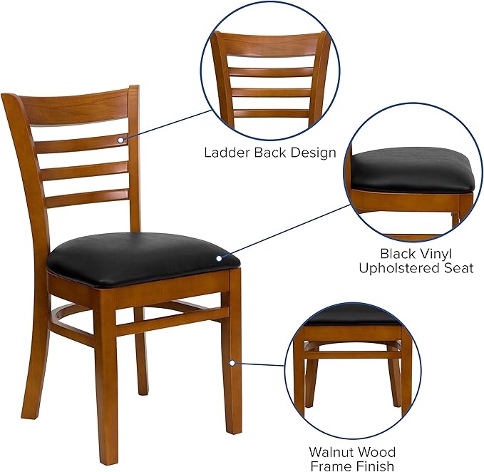 Flash Furniture HERCULES Series Ladder Back Cherry Wood Restaurant Chair - Black Vinyl Seat