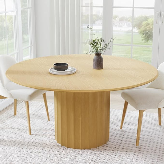 Casaphoria 60" Round Dining Table, Modern Wood Kitchen Table with Cylindrical Wide Bar Concave Base for Living Room & Dining Room, Easy Assembly Farmhouse Furniture for 4-6, Oak