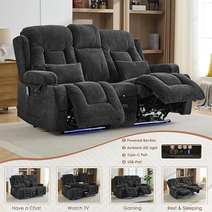 TUNYI Wall Hugger Loveseat Recliner Sofa with Console, Power Reclining Loveseat RV Couch with Massage & Heat/USB/Outlet/Storage/LED Light/Speaker (Dark Grey)