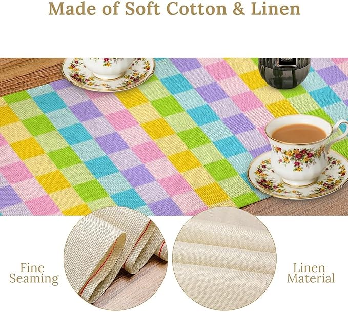 Boho Hippie Table Runner Rainbow Geometric Square Table Runner Retro Country Dinner Runner for Living Room Kitchen Party Holiday Dinner Home Decor Yellow Pink Blue 13x108in