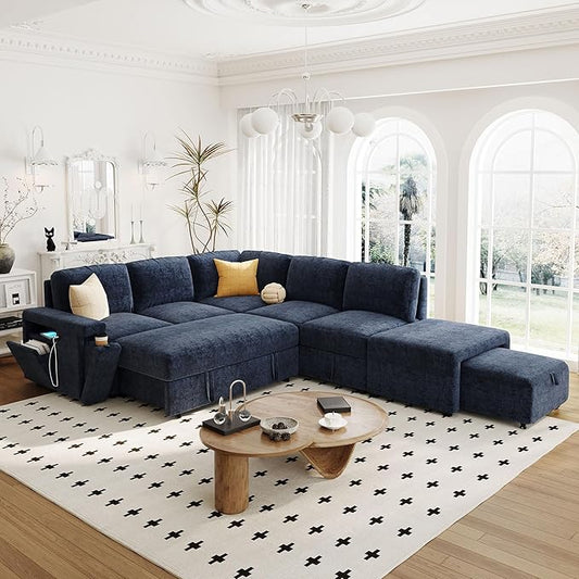 Ball & Cast 91" L-Shaped Modular Padded Cloud Sectional Fabric Sofa Set with Pull Out Bed, Convertible Sectional Couches w/Storage Space and USB Ports & Cup Holders on the Armrests,Blue