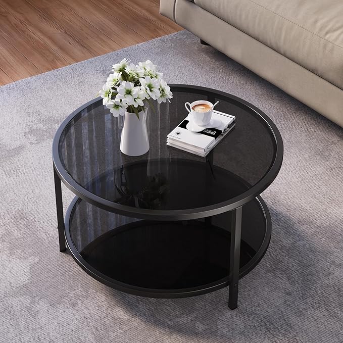 SAYGOER 27.6'' Round Coffee Table 2 Tier Black Glass Coffee Tables with Storage Shelf for Large or Small Space Modern Simple Sofa Table for Living Room Home Office, Easy Assembly…