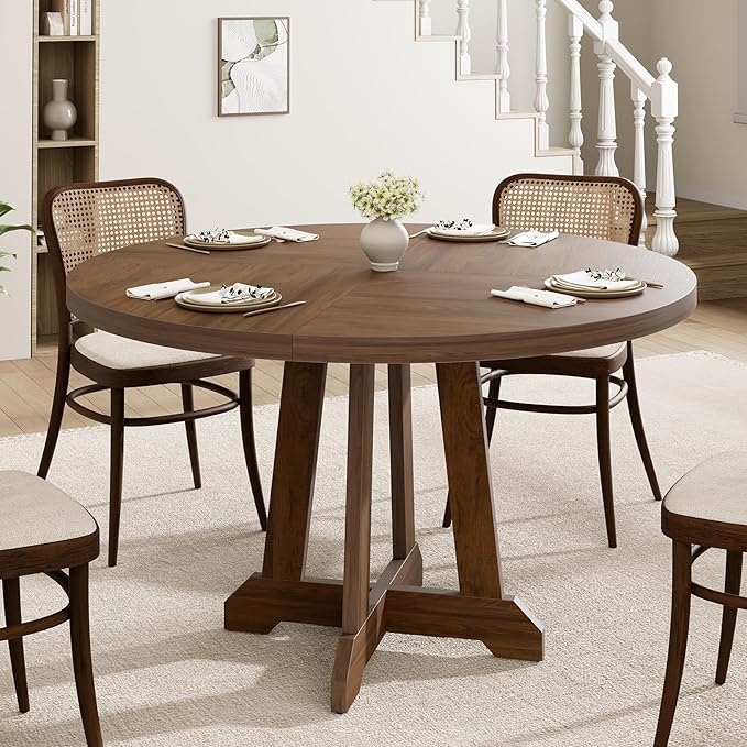 GarveeHome Round Dining Table for 4, 47 Inches Dining Room Table with Wooden Base, Kitchen Table with Circle Tabletop, Dinner Table for Dining Room, Kitchen, Living Room, Brown