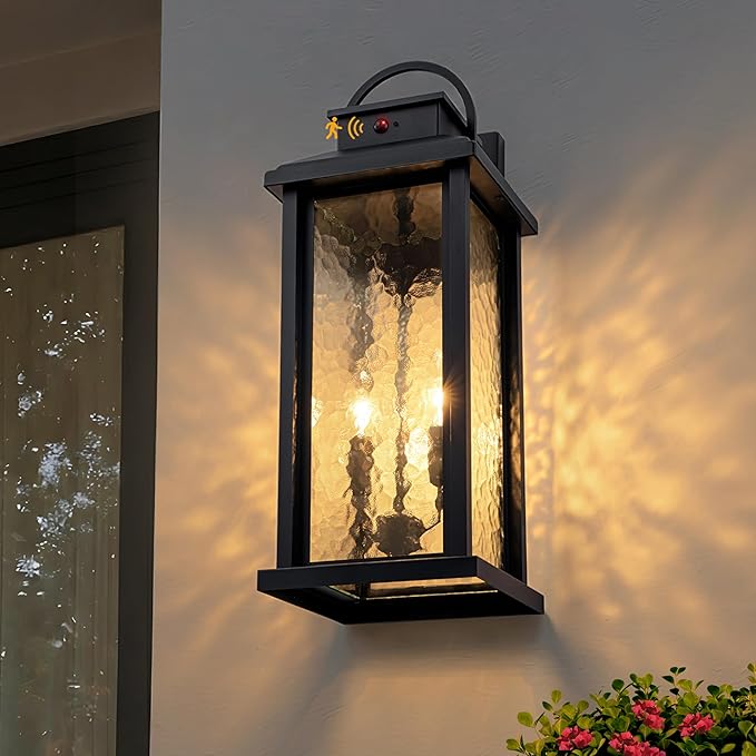 20 Inch Large Motion Sensor Outdoor Lights, Matte Black Dusk to Dawn Outdoor Wall Lights with Water Glass, 3 Lighting Modes Porch Lights Outdoor Light Fixture, Waterproof Outdoor Lights for House