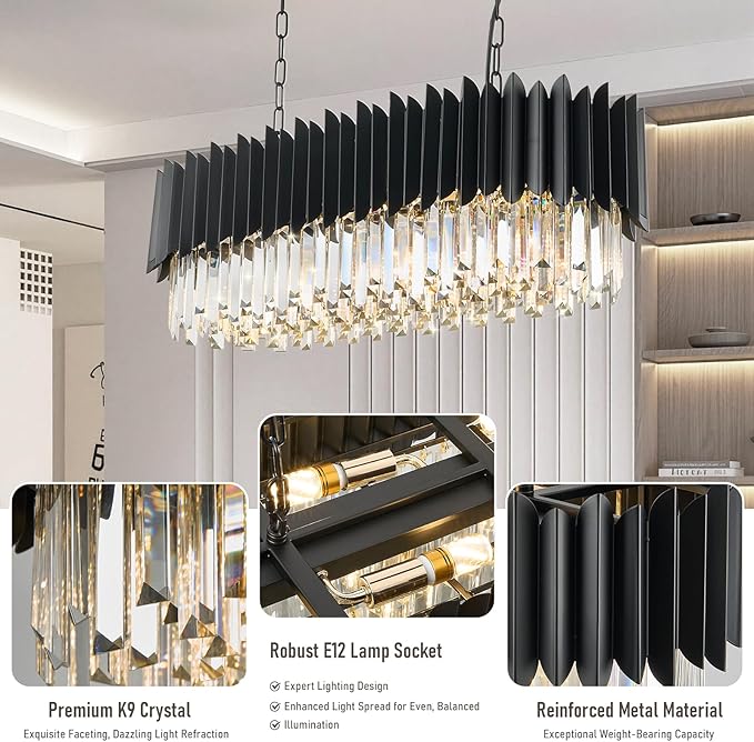 L33 Black Crystal Chandelier Large 8 Light Fixture 3-Tier K9 Modern Chandeliers for Dining Room Kitchen Island
