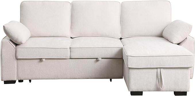 ERYE L-Shaped Pull Out Sleeper Couch Bed, Modern Chenille Upholstered Button Tufted Corner Couch Reversible Sectional Sleeper Sofa Bed W/Storage Chaise, Cup Holders