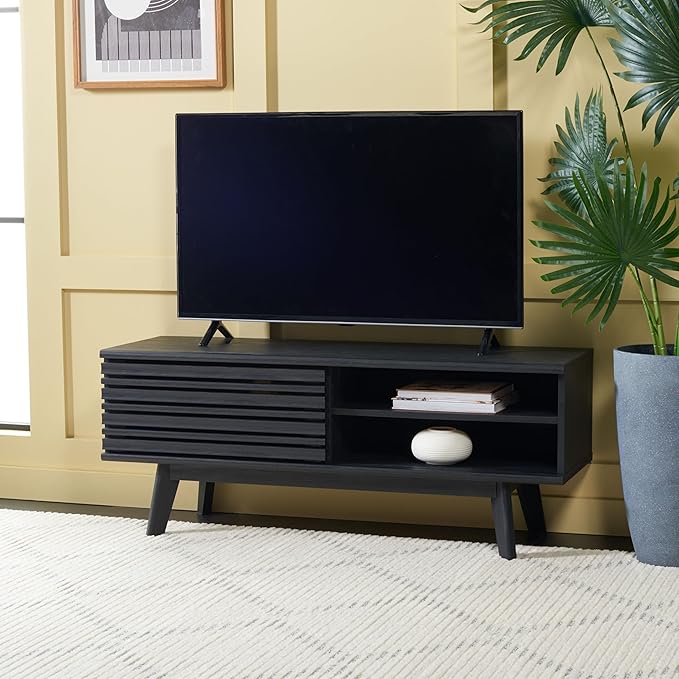 SAFAVIEH Aurelio TV Stand for up to 55" Flatscreen – Black, 1 Sliding Door with Interior Storage and Open Shelves, Entertainment Media Console (MED9600B)