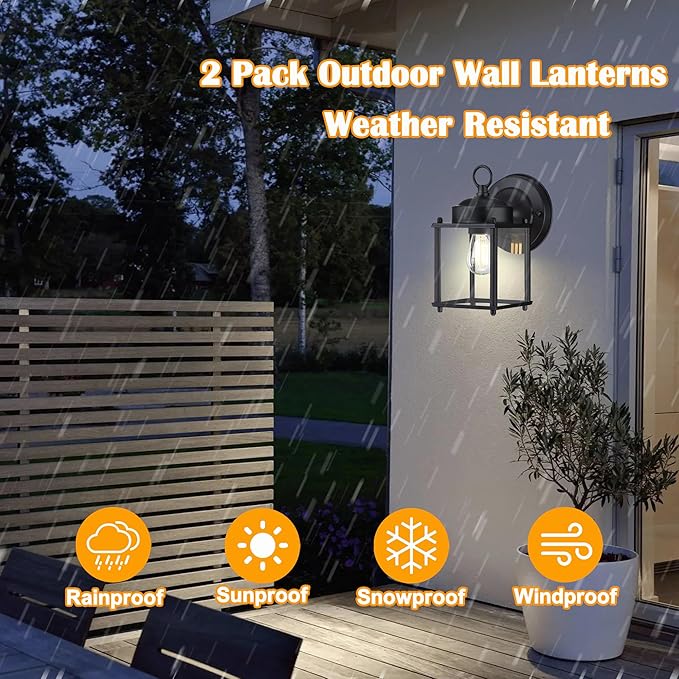 Outdoor Wall Lantern, Exterior Waterproof Wall Sconce Light Fixtures, Black Front Porch Lights with Clear Glass, Anti-Rust Metal Outside Lighting Fixture for House Doorway Garage, 4-Pack