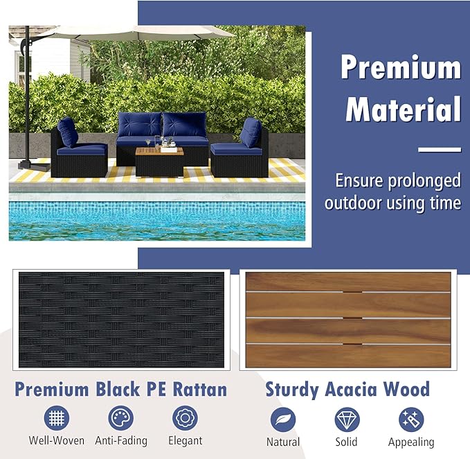 Tangkula 5 Piece Rattan Sofa Set, Outdoor Wicker Furniture Set w/Seat & Back Cushions, Square Coffee Table, Patio Sofa Set for Backyard, Poolside (Navy)