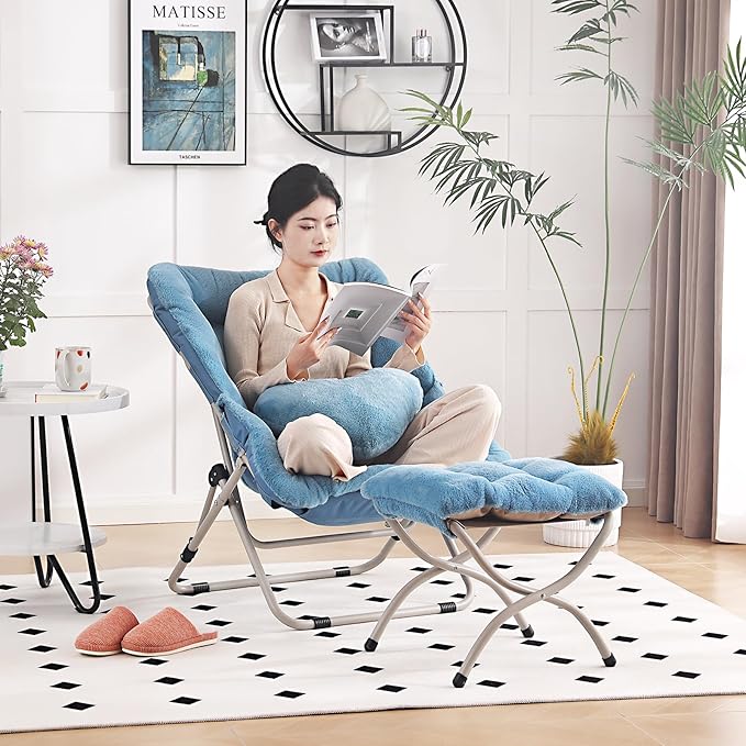 Saucer Chair with Ottoman, Comfy Oversized Folding Chair, Faux-Fur Reading Chair for Teens, Adults, Foldable Accent Lazy Chair, Metal Frame Chair for Living Room, Bedroom, Blue