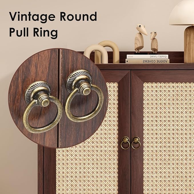 Sideboard Buffet Cabinet with Storage, Rustic Bar Liquor Cabinet with Boho Rattan Decorated Doors, Retro Credenza Console Table for Dining Room Living Room Hallway EntryWay, Walnut