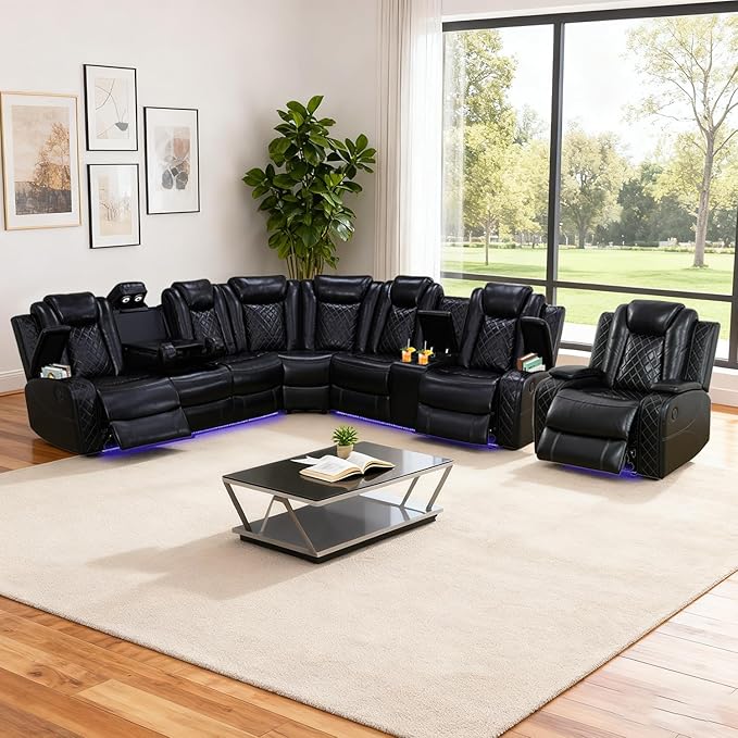 Leather Power Recliner Sectional Sofa Set with LED Light,L Shaped Leather Couch Set with Recliner Chair,Modular Corner Sofa with USB Ports for Living Room Furniture(Black, Sectional+Chair)