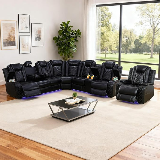 Leather Power Recliner Sectional Sofa Set with LED Light,L Shaped Leather Couch Set with Recliner Chair,Modular Corner Sofa with USB Ports for Living Room Furniture(Black, Sectional+Chair)