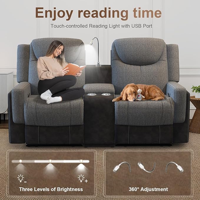 Dresegmt Loveseat Recliner Sofa, Manual Reclining Loveseat with Reading Light, Chic Blend Style Sofa, Storage Console, Cup Holders, USB Ports, Fabric & PU Leather, Recliner Couch for Living Room/RV