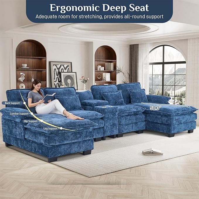 133" Oversized U Shaped Cloud Couch Modular Sectional Couches for Living Room Comfy Chenille Deep Seat Sofa Set with Double Chaise Lounge, Storage Central Console, Cup Holders, USB Port, Blue