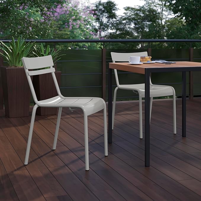Flash Furniture Nash Commercial Grade Steel Stack Chair, Indoor-Outdoor Armless Chair with 2 Slat Back, Set of 2, Silver