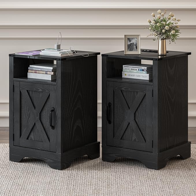 RoyalCraft Nightstand Set of 2, Black End Table with Charging Station, Wooden End Table, Rustic Night Stand with Storage Cabinet and Shelf, Tall Bedside Table for Bedroom, Home Office, Black