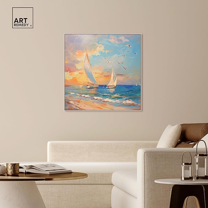 Art Remedy Sailboats In The Sunset Chic Coastal Canvas Wall Art, Silver Floater Frame, 40"x40"