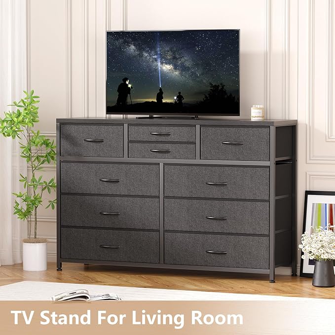 GAOMON 10 Drawers Fabric Dressers for Bedroom, Modern Chest of Drawers, Lightweight Entertainment Center with Fabric Bins for Living Room, Hallway, 45" Wide TV Stand Dressers, Wood Top (Black_1)