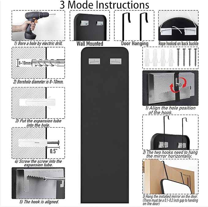 47x14 Mirror Full Length Door Hanging Wall Mounted Aluminum Alloy Metal Frame Dressing Make-up Save Space Half Body Mirrors for Entryway Bedroom Bathroom Living Room 47 inch Black