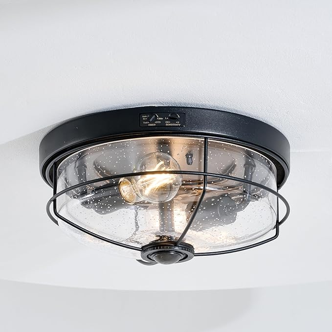 Motion Sensor Outdoor Ceiling Light, Adjustable Black Flush Mount Light Fixture, 2-Light Porch Lights Outdoor, Industrial Exterior Ceiling Lights for Patio, Garage, Entryway, Farmhouse