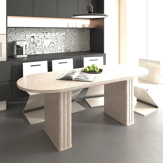KEIKI 63"-78.7" Extendable Oval Kitchen Dining Table for 4-8 People, Modern Farmhouse Wood Strip Base with Veined Travertine Pattern, Large Dining Room Table for Living Room, Beige