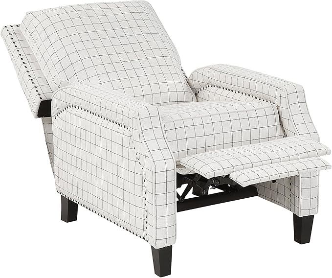 Lexicon Pushback Recliner Chair, Plaid Textured Fabric Armchair Push Back Reclining Chair, Nailhead Trim, Solid Wood Legs, Easy Assembly for Living Room/Office/Apartment, Off-White