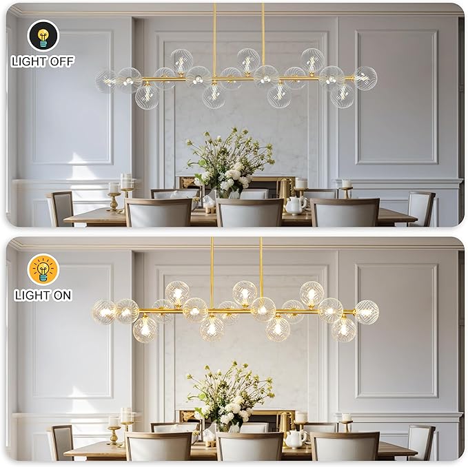 Modern Chandeliers for Dining Room Swirled Glass 55" Gold Linear Sputnik Chandelier 16-Light Large Chandelier Bubble Dining Room Light Fixture Linear Island Lights for Kitchen, Electroplated Brass