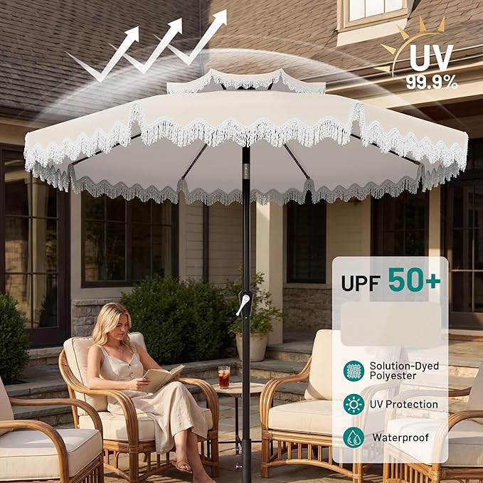 AreShark 9FT Patio Umbrella with Fringe, Wind-Resistant Fiberglass 8 Ribs Tassel Outdoor Umbrella with Crank and Push Button Tilt, Double Tier Vent Sun Shade for Pool, Deck, Backyard, Off-White