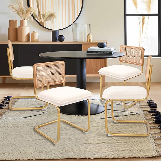 CangLong Modern Dining Chairs Set of 4 with Natural Mesh Rattan Backrest, Upholstered Fleece Seat Armless Accent Chairs with Metal Legs for Kitchen & Living Room, Cream