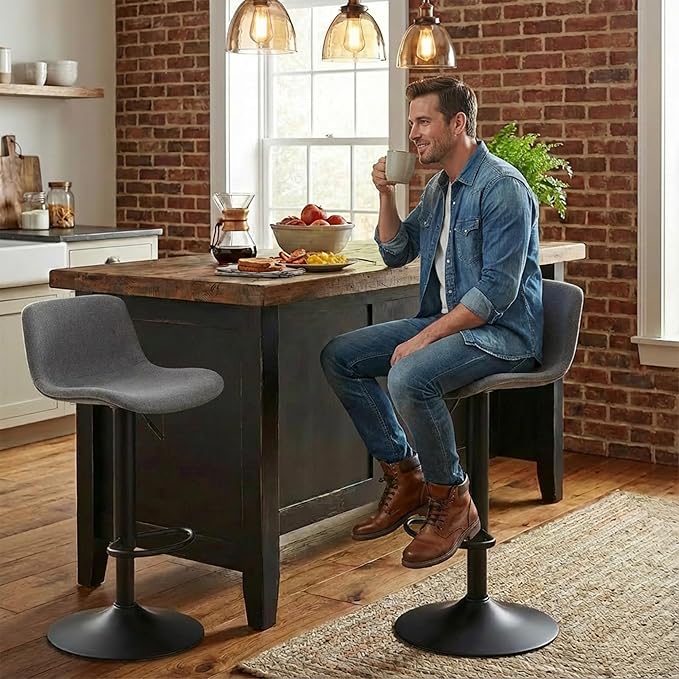 YOUTASTE Fabric Grey Bar Stools Set of 2, Modern Upholstered Counter Height Barstools, Adjustable Swivel Bar Stool with Black Metal Legs, Breakfast Bar Chairs for Kitchen Island Home Bistro