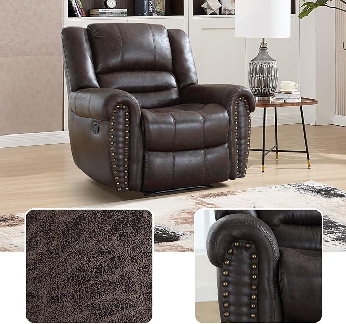 EBELLO Faux Leather Manual Recliner Chair, Classic Single Reclining Chair with Comfortable Armrest and Backrest, Vintage Rivet Mid-Century Design for Living Room, Bedroom, Dark Brown