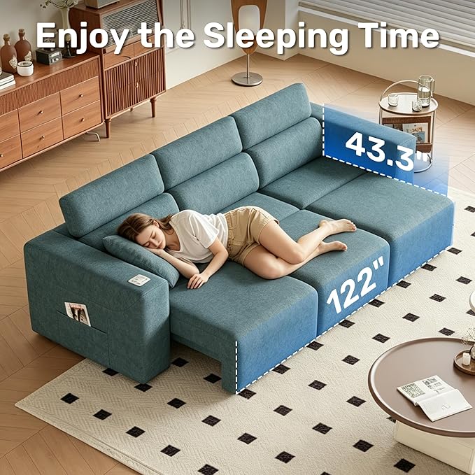 122” Electric Pull Out Sleeper Sofa Bed, 3-Seat Recliner Sofa Modular Couch with Bluetooth Stereo, Wireless Charging, Side Pocket, Power Recliner Couch for Living Room, Home Theater, Apartment(Blue)