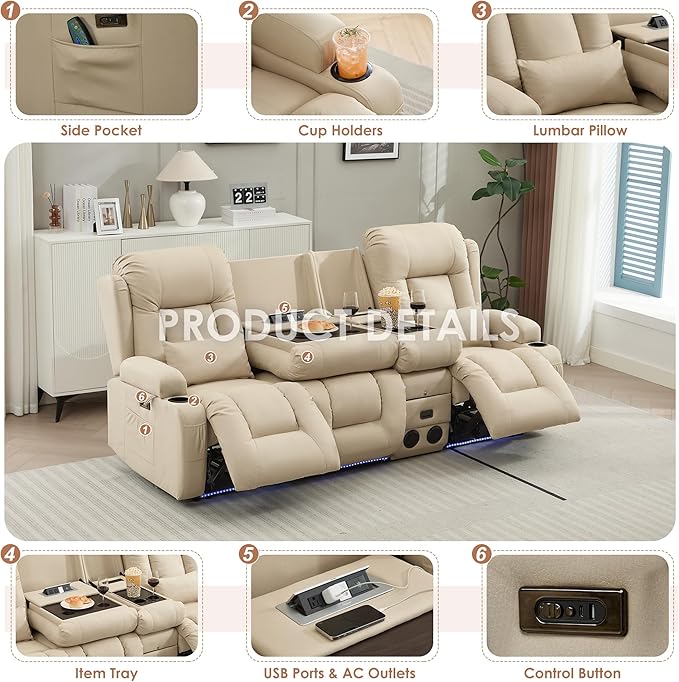 TUNYI Wall Hugger Loveseat Recliner Sofa with Console, Power Reclining Loveseat RV Couch with Massage & Heat/USB/Outlet/Storage/LED Light/Speaker (Beige, 3 Seat with Console)