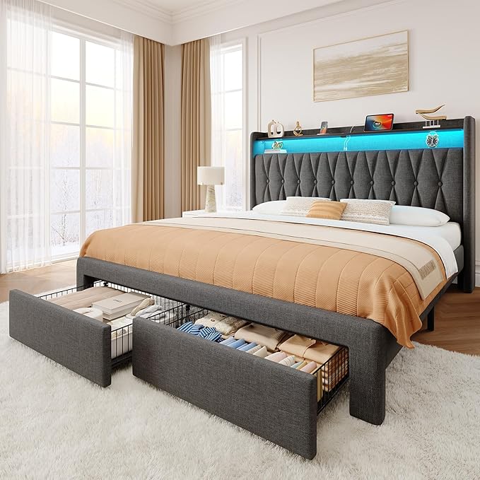 Rolanstar Full Bed Frame with Drawers, Storage Headboard with Charging Station and LED Lights, Upholstered Bed with Heavy Duty Wood Slats, No Box Spring Needed, Noise Free, Easy Assembly, Dark Grey