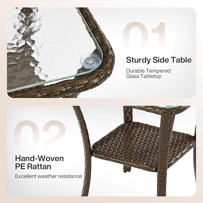 Tribesigns Outdoor Wicker Furniture Set, Patio Wicker Side Table with Tempered Glass Top