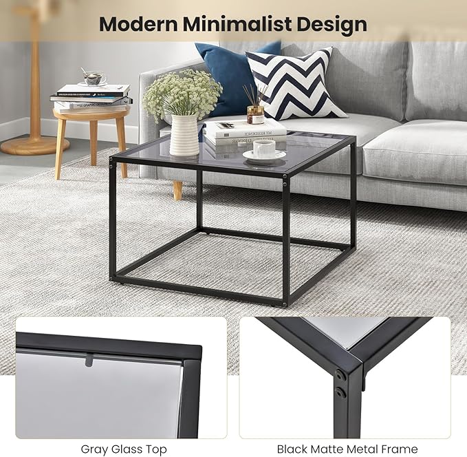 Giantex 27.5" Square Coffee Table - Tempered Glass Center Table w/Metal Frame, Modern Accent Table for Small Space, Living Room, Home, Office, Easy Assembly (1-Tier, Gray)