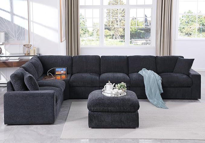 Ball & Cast 146" Oversized Modular L-Shaped Sectional Sofa,Large Chenille Upholstered Couch 8 Seat with Movable Ottoman & 2 Pillows,Comfty Sectionals W/Cup Holders & USB Port,for Living Room,Dark Gray