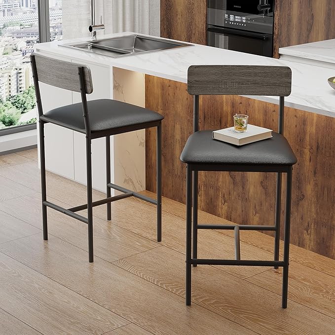 GAOMON Bar Stools Set of 2, Kitchen Bar Stools with Footrest, 25.5 Inches Upholstered Bar Chairs with Back, Counter Height Barstools for Counter Bar, Island, Easy Assembly, Grey