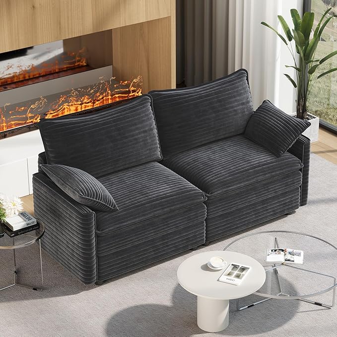 Vesgantti 74" Loveseat Sofa for Living Room, Comfy Cloud Couch Deep Seat Corduroy Modern 2 Seater Small Sofa with Armrest Pillow, Easy Assembly for Small Spaces, Gray | Sink-in Comfort, Height Adjustable, Easy Rearrangement, Extra-deep Ottoman, Solid W...